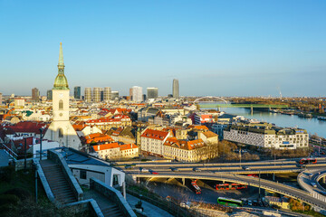 Fototapeta premium Bratislava panorama on a sunny day, the skyline of Bratislava as seen from Bratislava Castle