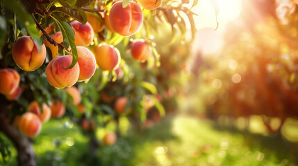 Bright, juicy, ripe peaches on the branches of a tree in the garden - obrazy, fototapety, plakaty