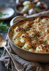 Delicious baked fresh cauliflower gratin with cheese sauce
