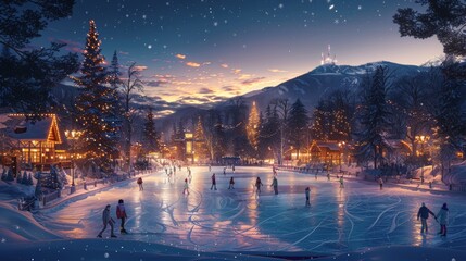Enchanted evening at a festive ice skating rink surrounded by snow-covered trees and twinkling lights - obrazy, fototapety, plakaty