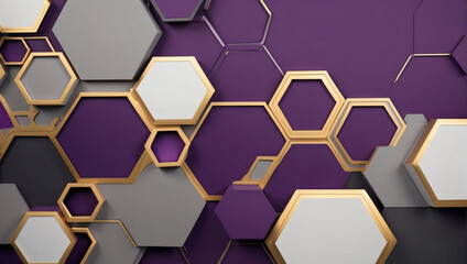 Contemporary abstract presentation featuring hexagons in purple, gold, and gray.