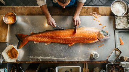 Man prepares king salmon in restaurant setting - 792024840