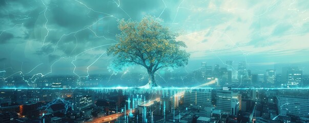 A solitary tree glowing with digital light stands out against a background of a high-tech city at night, symbolizing coexistence of nature and technology.