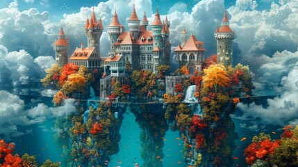 Enchanting fantasy castle amid autumn trees and cloudy skies, a breathtaking dreamlike kingdom