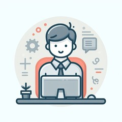 a man at a computer, at a desk, vector style