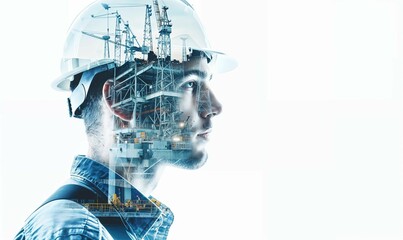 Double exposure portrait, merging a handsome engineer man with iconic structures Oil industry