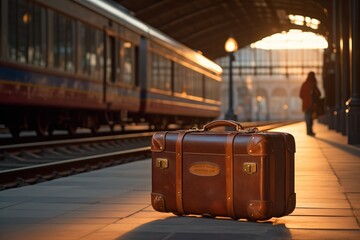 Vintage suitcase awaits near train tracks