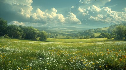 Serenity in the countryside: rolling hills, lush fields, and towering clouds