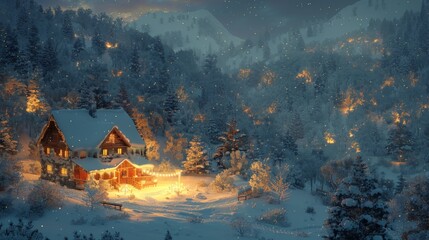 Enchanting winter cabin under the starlit sky surrounded by frosty forest and mountains - obrazy, fototapety, plakaty