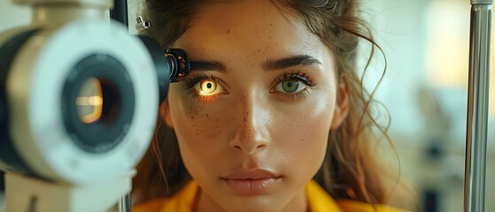 Female ophthalmologist examining a woman patients eyes during an eye appointment. Concept Healthcare, Ophthalmology, Eye Examinations, Female Doctor, Patient Care - obrazy, fototapety, plakaty
