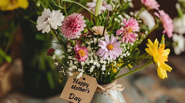 This image shows a bouquet of pink and purple flowers with a tag that says 'Happy Mother's Day'.

