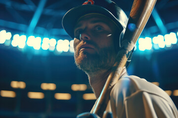 Focused baseball player ready for a hit under stadium lights. - obrazy, fototapety, plakaty