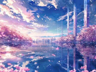 Tranquil Cityscape Amidst Blossoming Trees Under a Painted Sky.