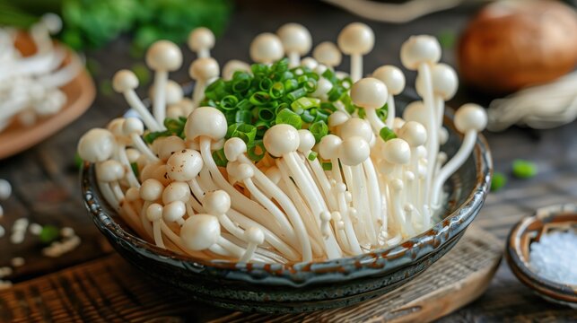 Comfort food dish with enoki mushrooms and sauce on the table