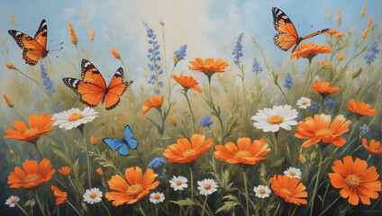 Dainty wildflowers and vibrant orange butterflies captured in oil painting.