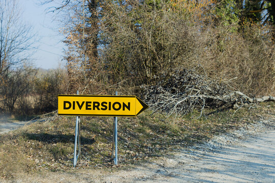 Diversion sign on the forest gravel road in a United Kingdom shows to the right