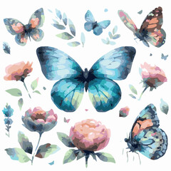 Beautiful butterfly watercolor vector illustration isolated on transparent background.