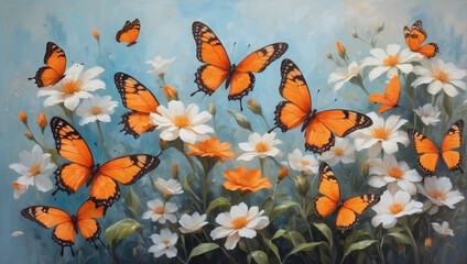 Fototapeta na wymiar Delicate blooms and fluttering orange butterflies brought to life in oil paint.