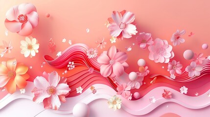 The image is a pink background with a white flower in the center and pink and white hearts scattered around it.
