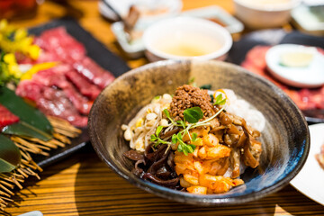 Korean kimchi with bean sprout in the rice bowl