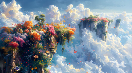 Ethereal Isles: A Dreamlike Aerial Journey Among Floating Flowers and Butterflies