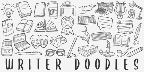 Writer Doodle Icons Black and White Line Art. Literature Clipart Hand Drawn Symbol Design.