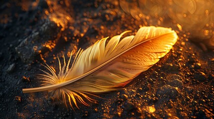 A golden feather on dark stone background. Contrast of heaviness and lightness.