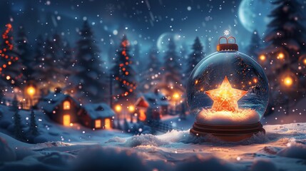 Magical winter scene with a snow globe and sparkling star in a snowy forest - obrazy, fototapety, plakaty