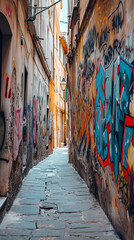 Fototapeta premium Vertical shot of a narrow alley adorned with graffiti