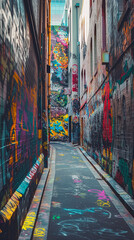 Vertical shot of a narrow alley adorned with graffiti
