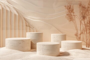 Podiums With Different Heights For Product Presentation On a Desert Sand-Themed Beige Scenario
