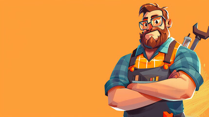 The background with a single cartoon character positioned on each side, portraying a craftsman holding tools
