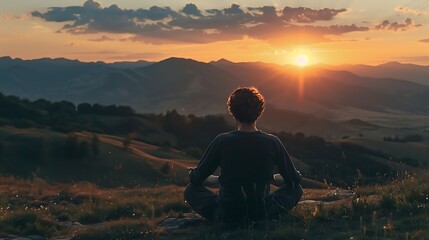 This is a photo of a person sitting on a hilltop, looking out at a beautiful sunset. - obrazy, fototapety, plakaty
