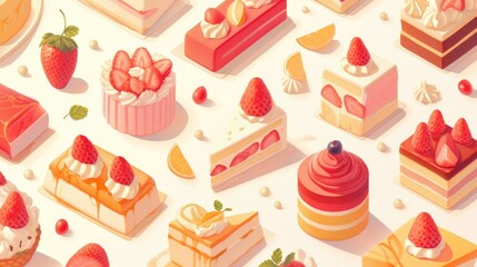 An attractive 2d illustration in featuring a delightful pattern of sweet cakes on a background of strawberry cakes perfect for pastry lovers