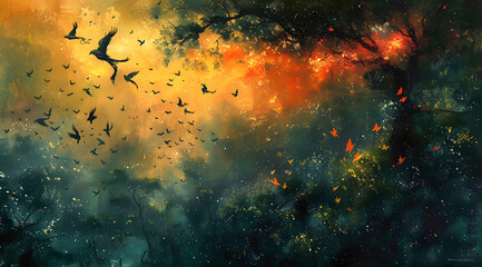 Legendary Burst: Oil Painting Featuring Phoenixes, Dragons, and Butterflies in Dramatic Scene