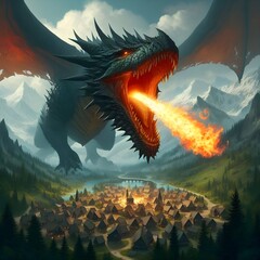 "Inferno Over the Village: The Colossal Dragon's Wrath"