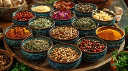 Array of exotic spices and herbs in bowls on a red background - obrazy, fototapety, plakaty