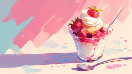 A vibrant hand drawn doodle of a strawberry yogurt is depicted in this charming illustration The graphic yogurt pot stands out against a crisp white backdrop capturing the essence of a delig