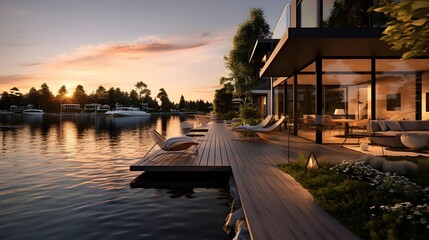 Luxury villa on the lake at sunset. Panorama