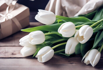 Obraz na płótnie Canvas 'Flat craft white paper wrapping wooden table lay pack tulips bouquet beautiful Flower Flowers People Paper Spring Table Gift Hands Top view Packaging Beautiful Adult Store Present Working Plants'