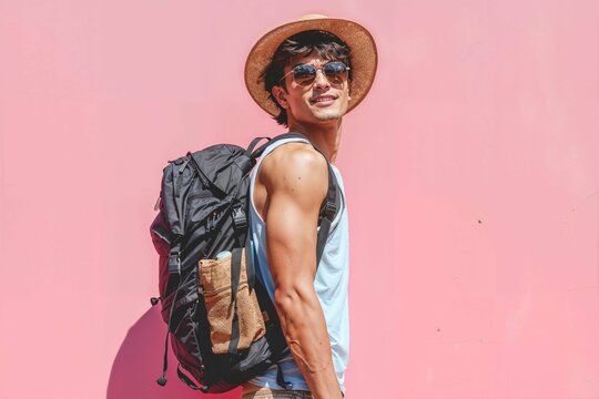 Happy young male wearing sunglasses and hat with black backpack isolated on pastel background, handsome asian Wear a tank top travel concept