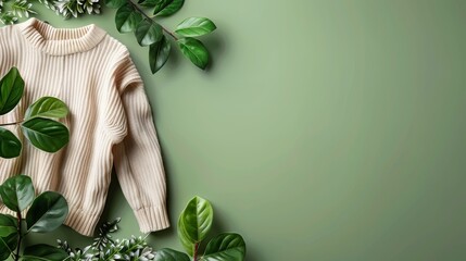 Stylish knitted sweater on a green background adorned with fresh leaves, showcasing eco-friendly fashion - obrazy, fototapety, plakaty