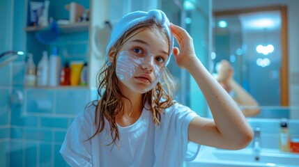 Young Teenage Girl Applying Facial Mask in a Blue Bathroom. Generative ai