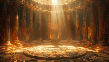  A cinematic still of an ancient Greek circular temple, bathed in golden sunlight streaming through the grand dome. Created with Ai - obrazy, fototapety, plakaty