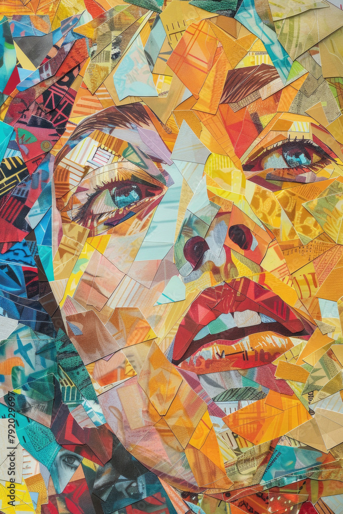 Poster a collage featuring a womans face with a multitude of colors and shades, creating a visually strikin