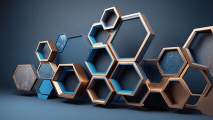 Dynamic hexagon design in shades of blue, bronze, and gray for a modern presentation.
