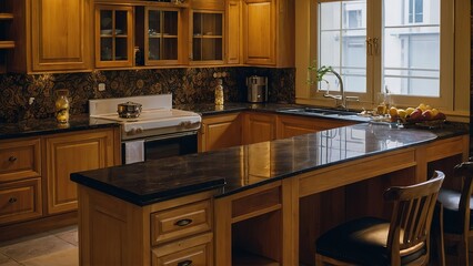 luxury wooden golden kitchen and full light