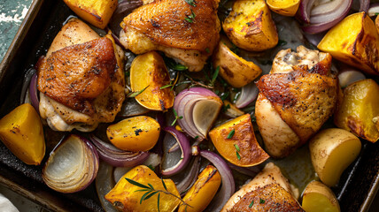 Sheet pan dinner of chicken thighs and potatoes - 792029839