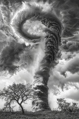 A powerful tornado swirls menacingly against the dark sky, showcasing its raw energy and destructive force