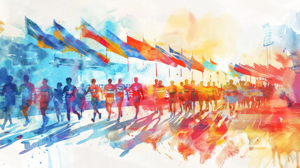 A dynamic watercolor style painting capturing the essence of athletes in motion, infused with a vivid explosion of colors symbolizing the energy of the Olympic Games.